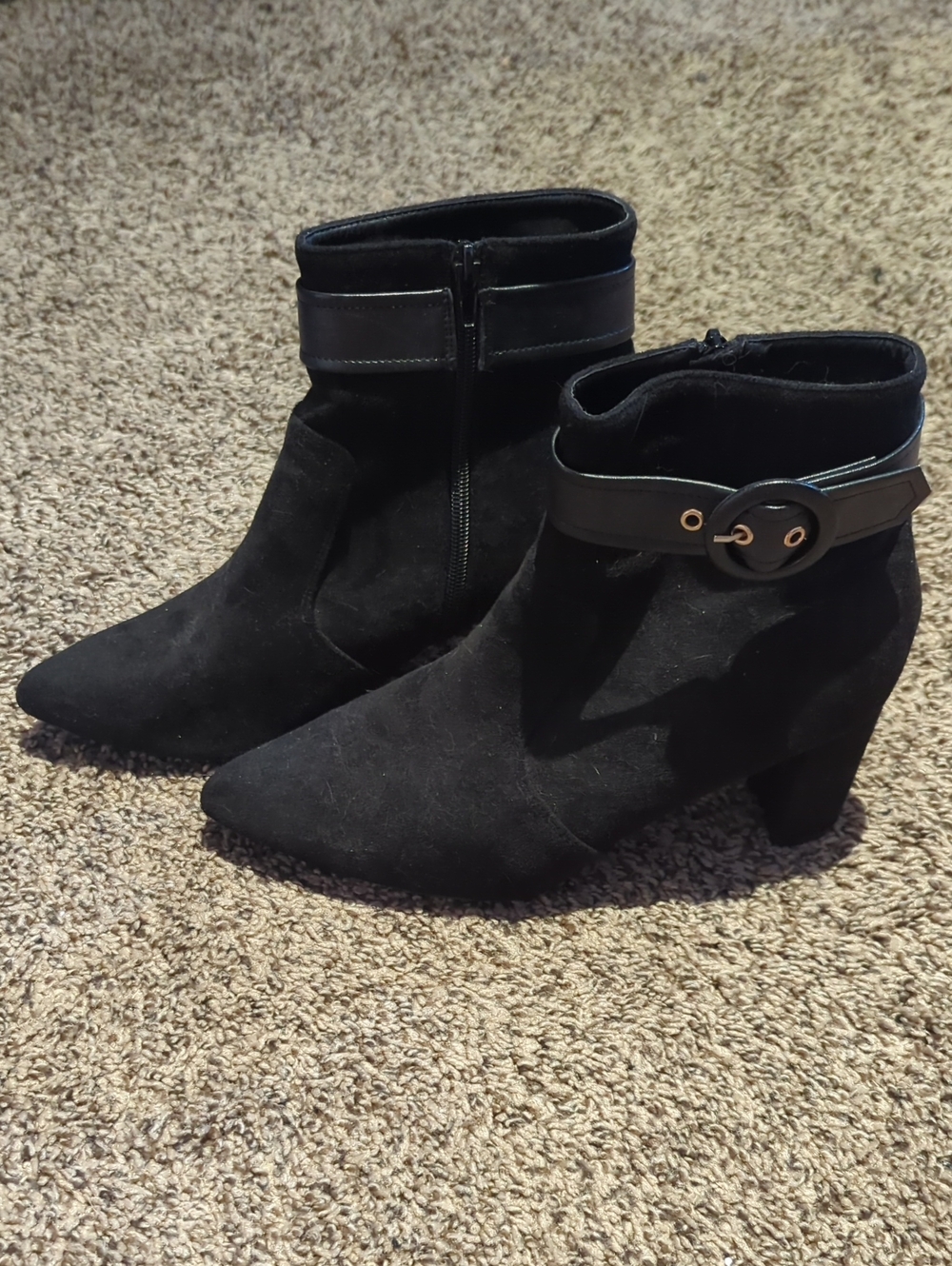 Black Suede Ankle Booties with Decorative Buckle Strap
